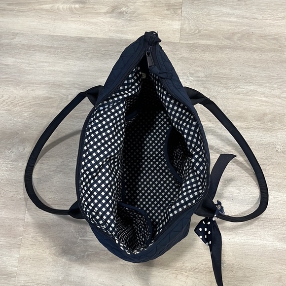 Navy tote/purse cloth diamond stitch with polkadot bow checkered inside lining - Picture 3 of 4